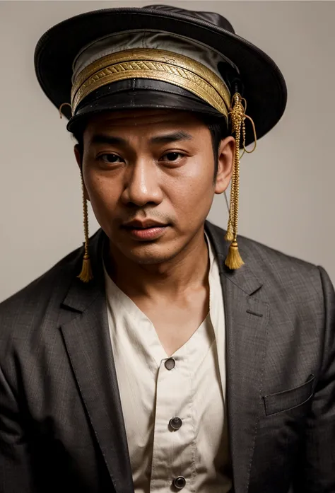 arafed photo of a man with a hat on his head, ramil sunga, raden saleh, h. kyoht luterman, inspired by Basuki Abdullah, potrait, photo of a man, kuntilanak, old picture, john jude palencar, by Basuki Abdullah, protrait, a photo of a man