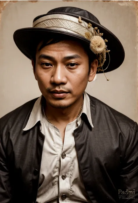 arafed photo of a man with a hat on his head, ramil sunga, raden saleh, h. kyoht luterman, inspired by Basuki Abdullah, potrait, photo of a man, kuntilanak, old picture, john jude palencar, by Basuki Abdullah, protrait, a photo of a man