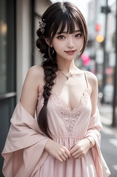 Realistic, masterpiece, Highest quality, Highest Resolution, One Japanese woman, Smile, Fine and beautiful eyes, Sparkling eyes, (With keen eyes:1.4), Thin eyebrows, Gives lashes a delicate finish, False eyelashes, Natural Makeup, (Braided hair, Blunt bang...