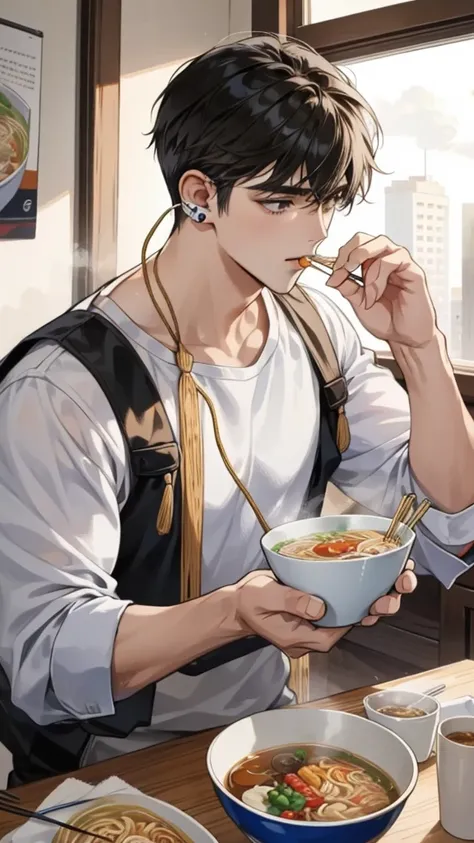 A young man eating ramen noodles, wearing earphones