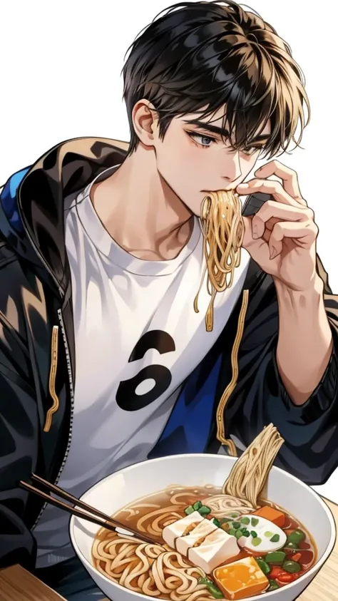 A young man eating ramen noodles, wearing earphones