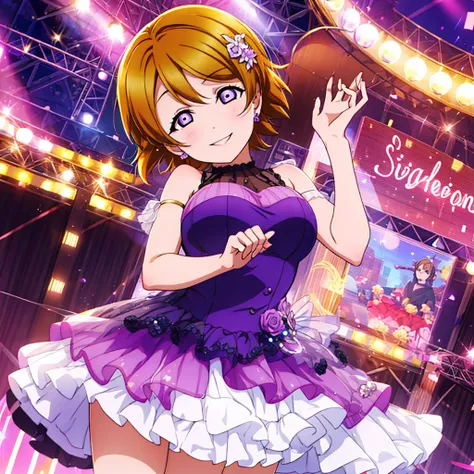 , Live Stage, Large Breasts, Smiling in formal dress　alone, hanayo koizumi, short hair, Brown Hair, (Purple eyes:1.1),