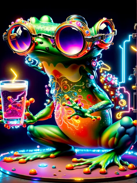 (frog glasses:1.3)，a digital illustration of a cartoon frog in a vibrant virtual reality world where neon lights and colorful ho...