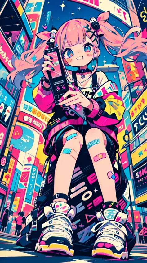 1 girl, vista from below, from below, perspective, low angle, There is a girl on the public street in Shibuya, holding a flip phone in his hand, She has long painted nails with decorations, nail art, She has hot pink hair in long pigtails with bangs., His ...