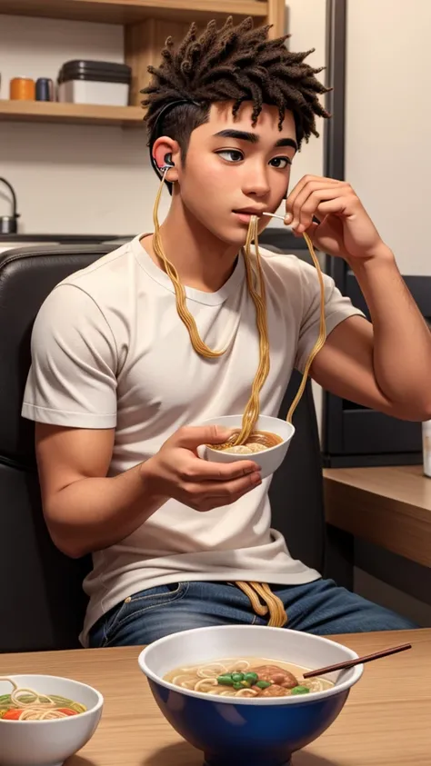 A young man eating ramen noodles, wearing earphones