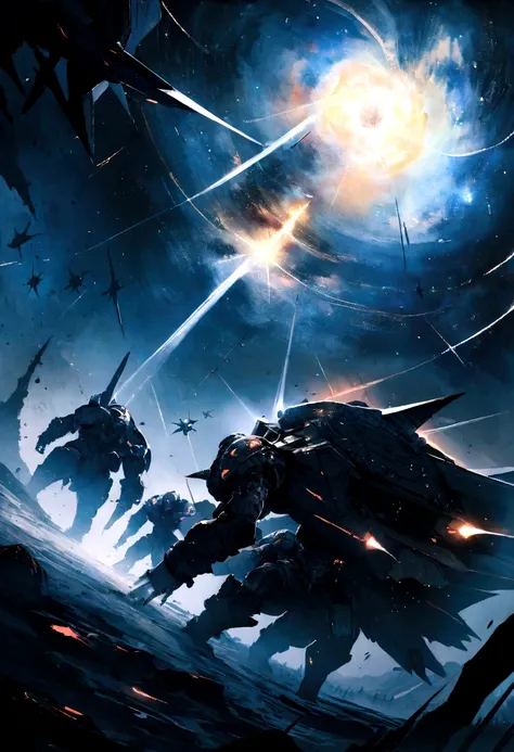 A dramatic picture，Shows a deep space battle in a far corner of the galaxy. A powerful pair, Sleek starships are engaged in a fierce battle, Their engines roar，Their shields gleamed，They face to face. There is aid and support all over the galaxy, Distant s...