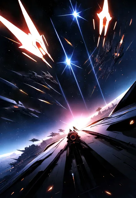 A dramatic picture，Shows a deep space battle in a far corner of the galaxy. A powerful pair, Sleek starships are engaged in a fierce battle, Their engines roar，Their shields gleamed，They face to face. There is aid and support all over the galaxy, Distant s...