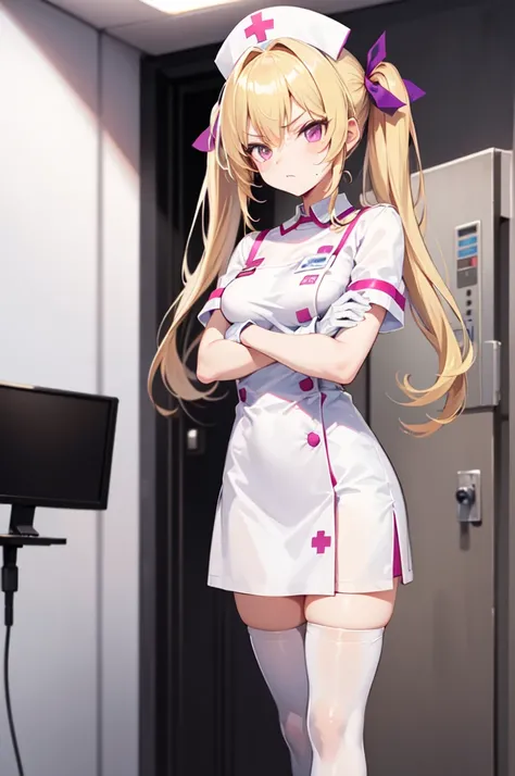 1girl, solo, nurse, nurse cap, white nurse uniform, ((white legwear, zettai ryouiki)), white gloves, twintails, yellow hair, purple eyes, angry, crossed arms, standing, ((hospital room)), sharp outline, short sleeves, best quality, masterpiece