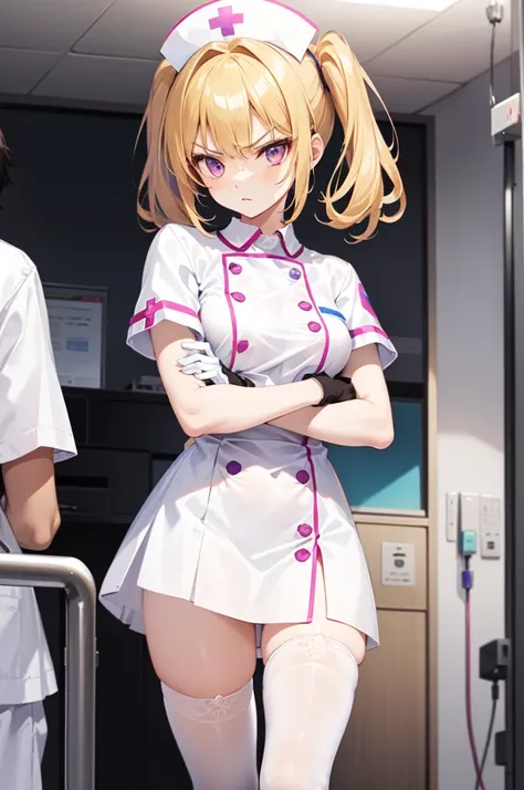 1girl, solo, nurse, nurse cap, white nurse uniform, ((white legwear, zettai ryouiki)), white gloves, twintails, yellow hair, purple eyes, angry, crossed arms, standing, ((hospital room)), sharp outline, short sleeves, best quality, masterpiece