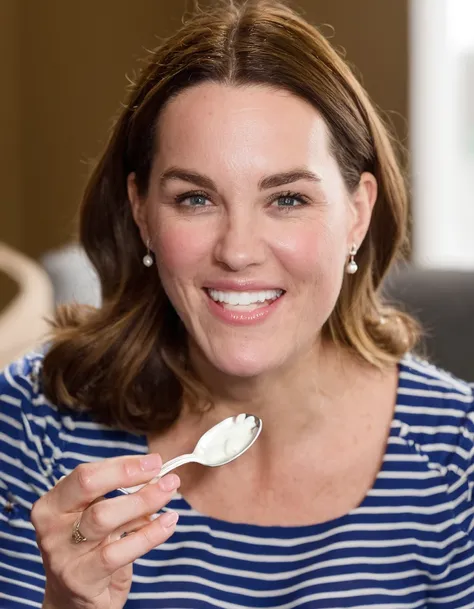 kate, face, eats yogurt from a spoon