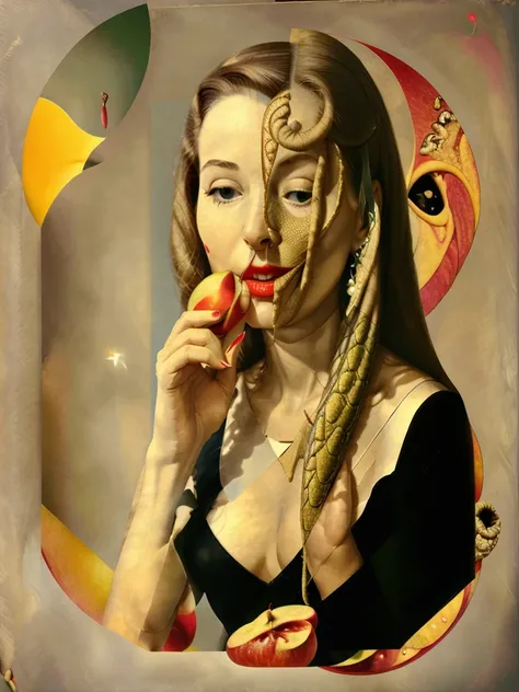 a collage of a portrait: (woman eating Apple) und with a Snake in the background