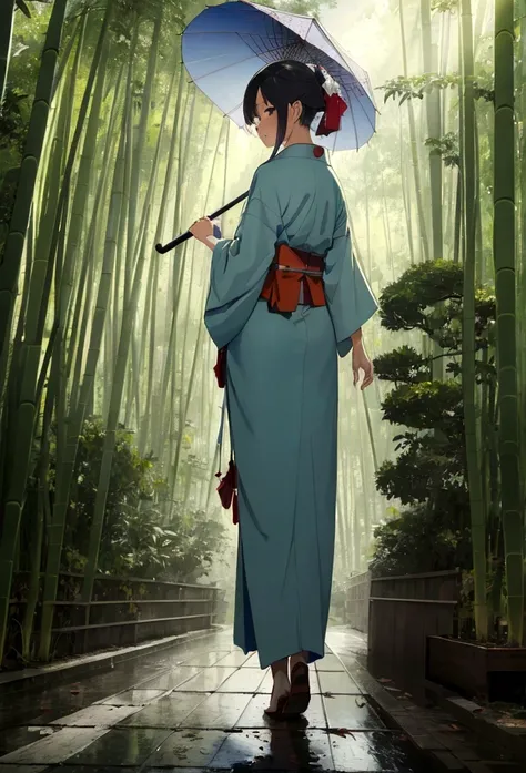 "(best quality,highres,masterpiece:1.2), working ofice ,serene bamboo forest,bamboo leaves gently falling in the wind,beautiful girl in kimono, holding umbrella, walking away from camera, full body wallpaper for mobile. from behind