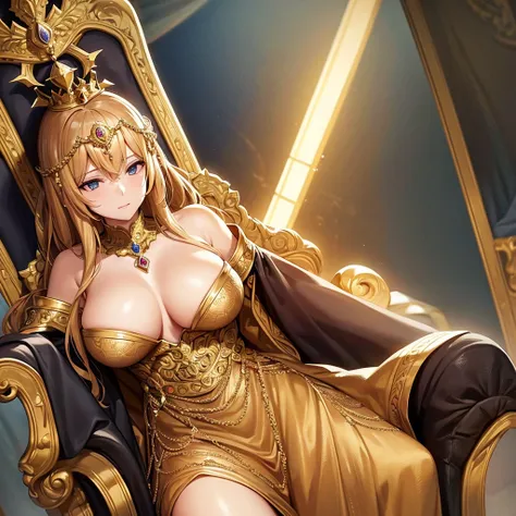 a woman sitting on a throne, golden dress, very large breasts, beautiful crown, looking down, detailed face, realistic, photorealistic, 8k, masterpiece, oil painting, dramatic lighting, fantasy, intricate details, ornate throne, medieval, regal, powerful e...