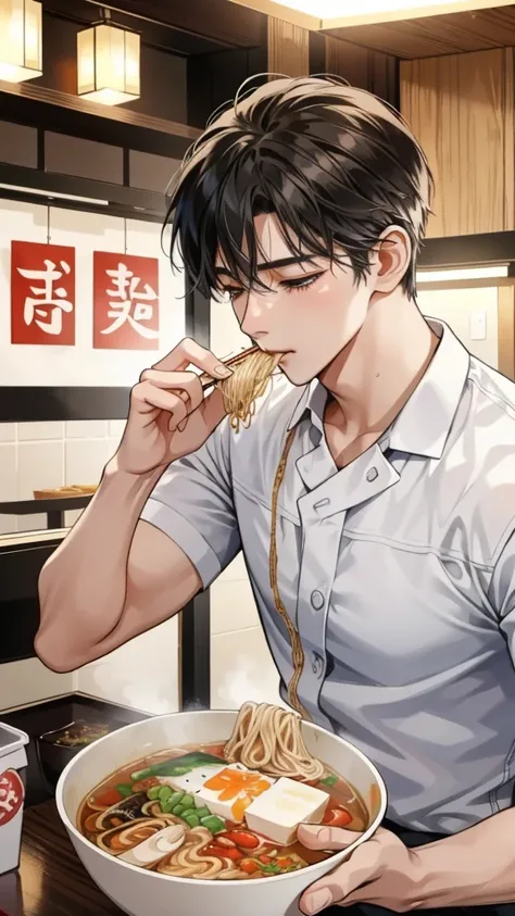 A young man eating ramen noodles, wearing earphones Here is a prompt in English to instruct an AI to generate a realistic and detailed description of eating ramen:

---

Describe the experience of eating ramen in vivid and realistic detail. Include sensory...