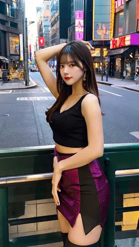 Lady, pose seductively to the viewer, alone:1, throw, Beautiful thick thighs,
Entertainment district background, Long Hair, 3/4 bodies, V-neck mini skirt