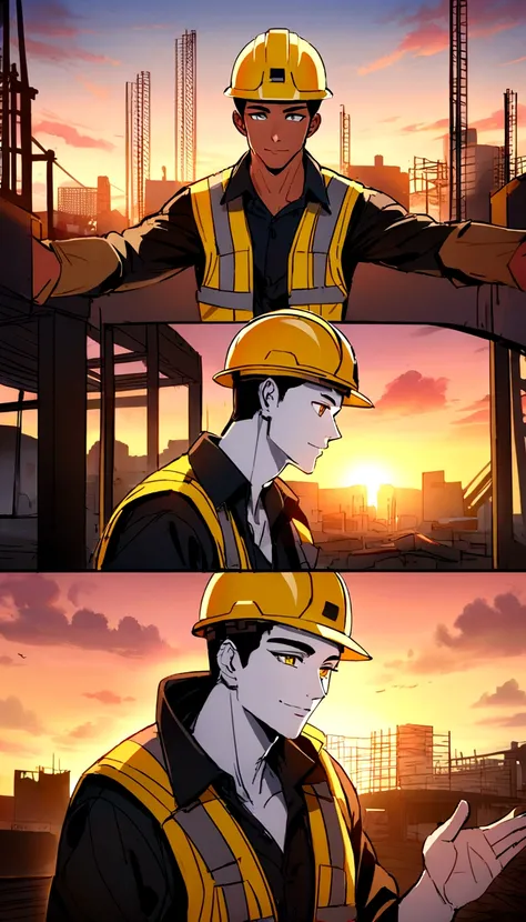 Project background shoot, building construction, site construction, saying greetings, sunsets, cinematic, handsome construction workers, Indonesian male models, white skin, delicate eyes, wearing construction vest, wearing yellow construction helmet