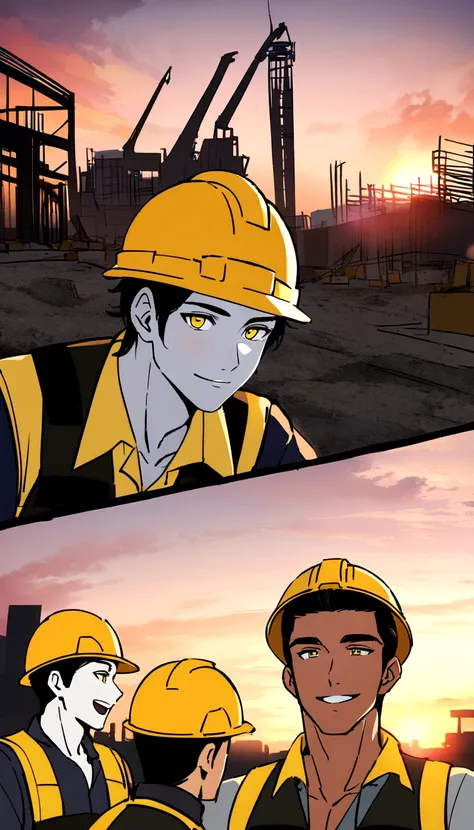 Project background shoot, building construction, site construction, saying greetings, sunsets, cinematic, handsome construction workers, Indonesian male models, white skin, delicate eyes, wearing construction vest, wearing yellow construction helmet