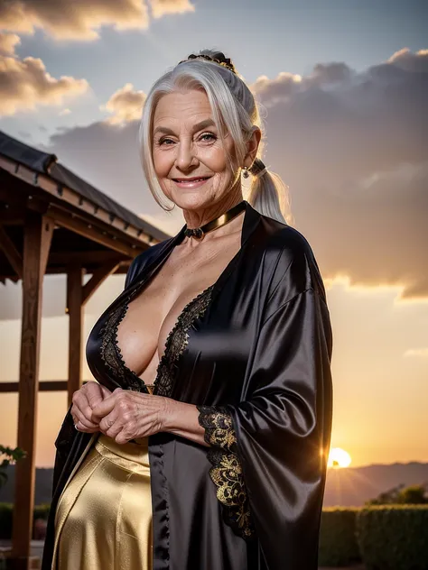 Mature old woman 80 years with white hair, ponytail, plus size, old face and body with many wrinkles, loose skin, smiling standing at the yard at sunset posing for photo, She wearing satin black robe with gold pattern and white lace stockings, side view. j...