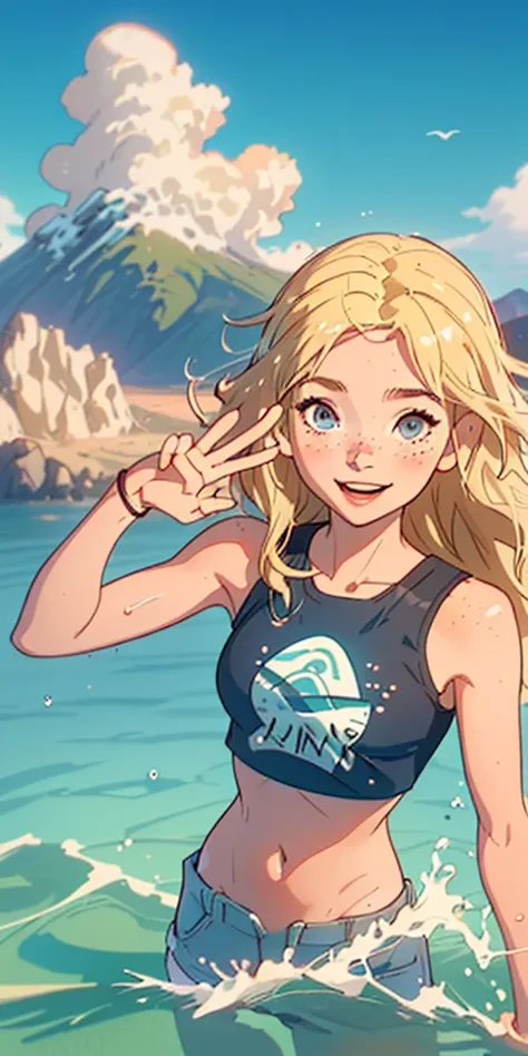 (Highest quality, masterpiece), One girl, Upper Body, PAW Pose, smile, Laughter, Happy, Ocean, Crop top, Shorts, blonde, freckles, blush, View your viewers, Wavy Hair, Long Hair, cloud, Splash, Wave, sun, Mountain, Wet