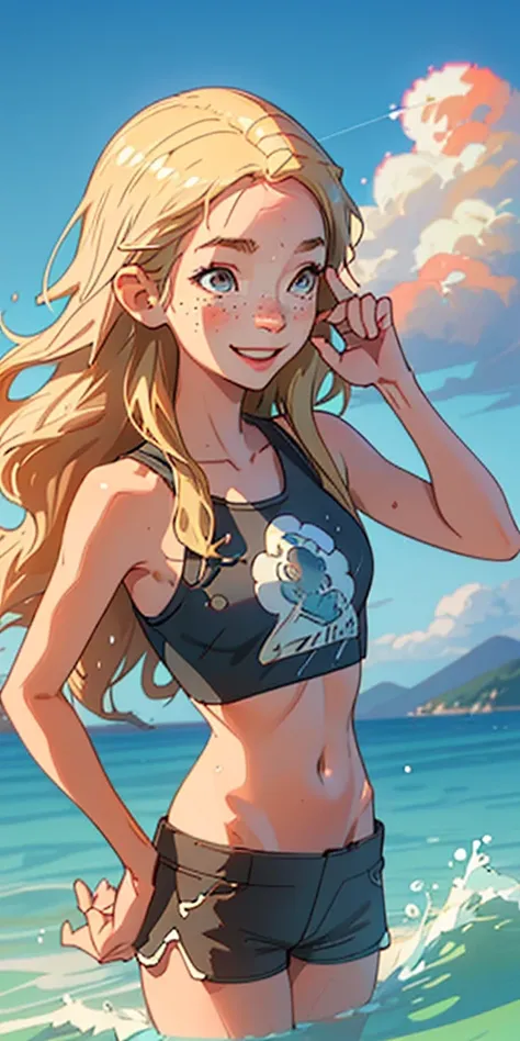 (Highest quality, masterpiece), One girl, Upper Body, PAW Pose, smile, Laughter, Happy, Ocean, Crop top, Shorts, blonde, freckles, blush, View your viewers, Wavy Hair, Long Hair, cloud, Splash, Wave, sun, Mountain, Wet