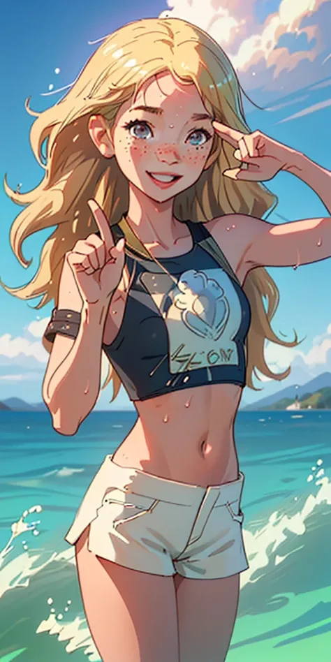 (Highest quality, masterpiece), One girl, Upper Body, PAW Pose, smile, Laughter, Happy, Ocean, Crop top, Shorts, blonde, freckles, blush, View your viewers, Wavy Hair, Long Hair, cloud, Splash, Wave, sun, Mountain, Wet