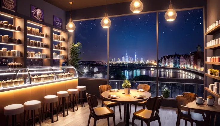 a cozy night time at a coffe interior with cozy lighting and sweets in the shelves. There are coffee cups in the tables. There is a big window in the middle of the coffeeshop and the outside view is a city