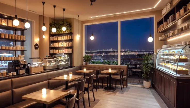 a cozy night time at a coffe interior with cozy lighting and sweets in the shelves. There are coffee cups in the tables. There is a big window in the middle of the coffeeshop and the outside view is a city