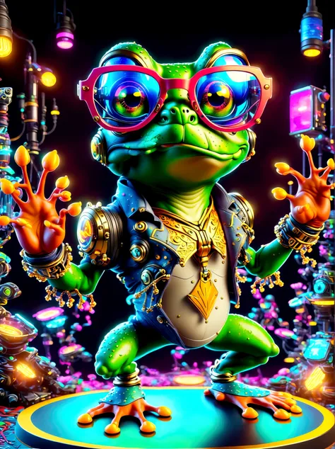 (Frog wearing big glasses:1.3), A digital illustration depicting a green cartoon frog in a dynamic dancing pose within a colorful virtual reality world teeming with neon lights and vibrant holograms. The scene bears the influences of both pop art and graff...