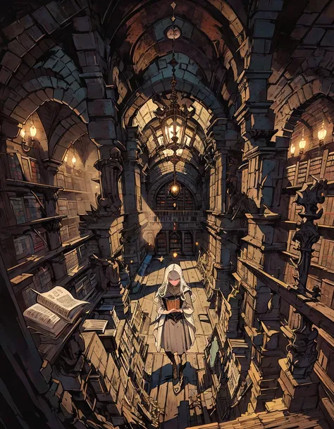 a close up of a long hallway with a bunch of books on it, gothic epic library, gloomy library, castle library, ancient library, magic library, gothic library, dusty library, old library, inside a castle library, gothic epic library concept, dark library, i...