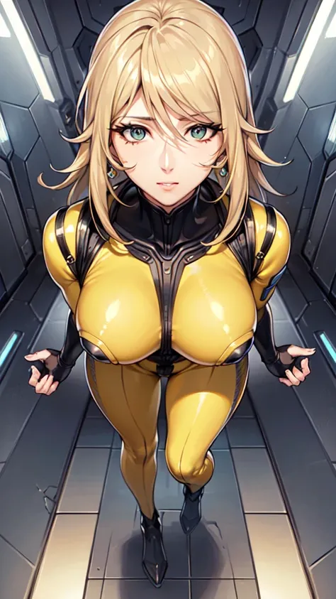 Mature Woman, Woman in a futuristic suit, highly Detailed face, nice, mother, Tomboy, Very large breasts, (Mature Woman), Mature Face, (Mature Woman), Cyber Suit, Anime girl in tight suit, Milfication, Elegant body, Focus on the navel, nude, gloves, Earrin...