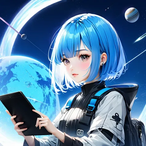 Sky blue hair、Bobcut、A beautiful girl android is drawing on a tablet