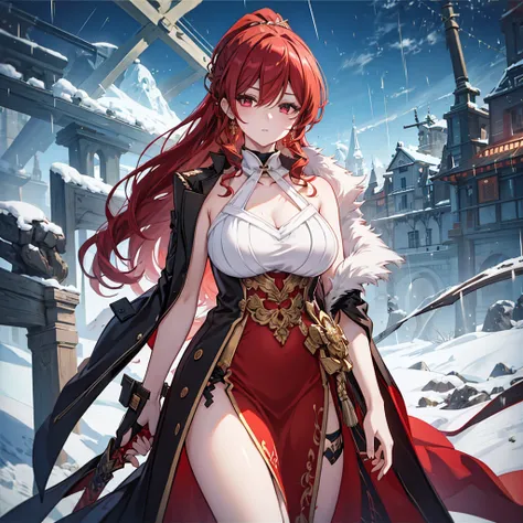 anime style painting, aurora, snow country, holding a sword, an illustration, calm expression, perfect hands, elder, redhead, di...