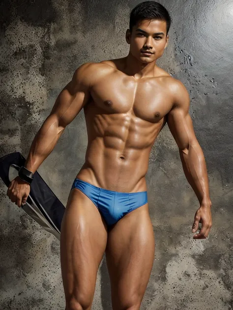 a Half-Nepalese-Caucasian, young man,short haircut, tan skin,very good figure, no shirt,wearing bikini underwear Design a breathtaking image that embodies the essence of pushing ones limits, drawing inspiration from the works of Stephen Gammell and incorpo...