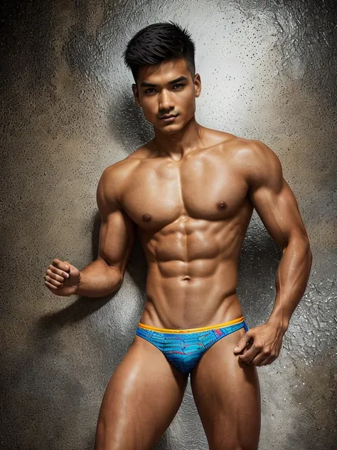 a Half-Nepalese-Caucasian, young man,short haircut, tan skin,very good figure, no shirt,wearing bikini underwear Design a breathtaking image that embodies the essence of pushing ones limits, drawing inspiration from the works of Stephen Gammell and incorpo...