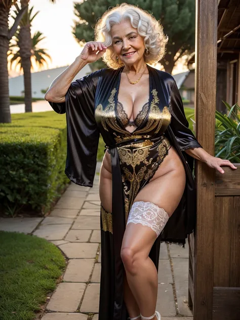 Mature old woman 80 years with white curly hair, plus size, old face and body with many wrinkles, loose skin, smiling standing at the yard at sunset posing for photo, She wearing satin black robe with gold pattern and white lace stockings, side view. jaw d...