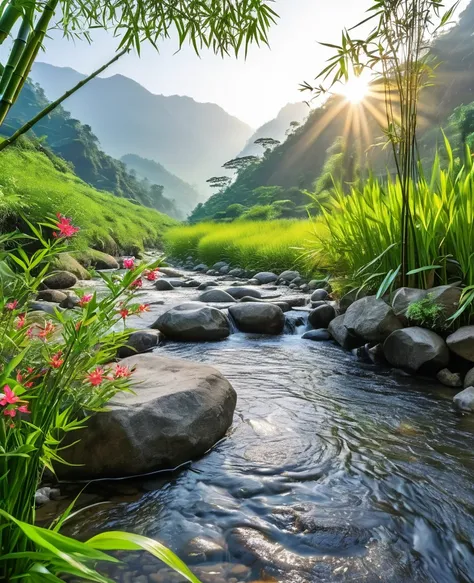 Sitting on a big rock in the middle of the stream，Mountains in the distance，The foreground is a tree，Bamboo and flower plants beside the stream，calm，morning sun rays，it&#39;s foggy，