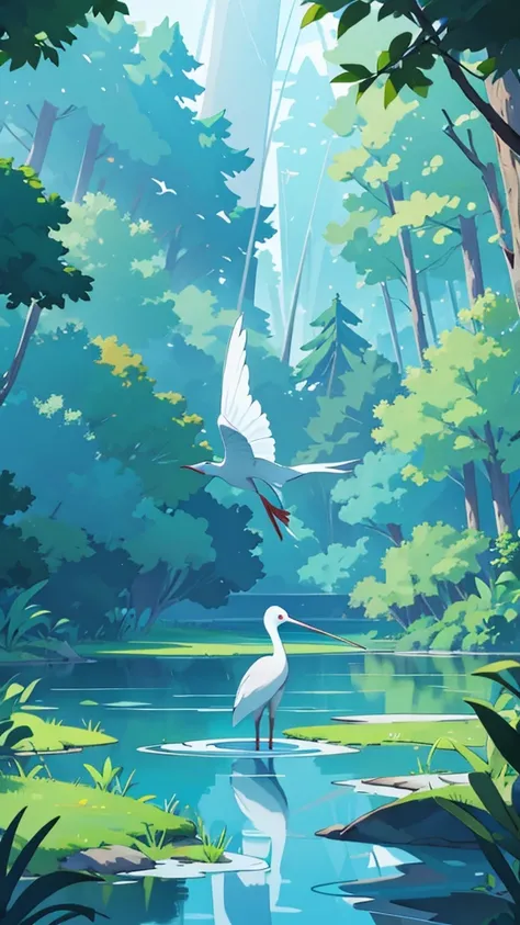 "A serene lake surrounded by a dense forest, with a white crane standing at the edge catching fish. Various colorful fish swim near the surface, and the sky is clear and blue."