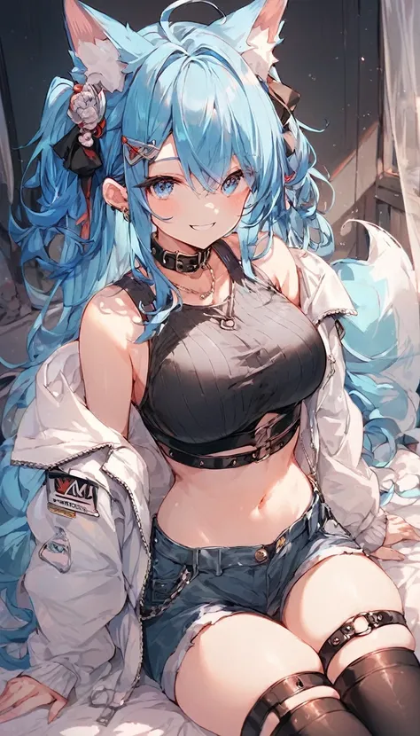 score_9,score_8,score_7,score_8_up,score_7_up an anime cat woman with gray and blue hair is posing in a black outfit, animal ears, skindentation, 1girl, tail, solo, blue eyes, thighhighs, navel, smile, thighs, blue hair, fox tail, collar, hair ornament, mi...