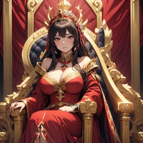 a woman with exaggerated large breasts, confident sitting on a throne, wearing a gorgeous red dress, a large ornate crown on her head, looking down at the viewer, detailed facial features, hyper-realistic, 8k, ultra-detailed, photorealistic, masterpiece, d...