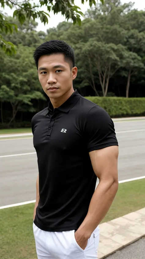 Thai man ,man，He is about 30 years old.，Rough and handsome appearance，Big muscleuscleหน้าอกขนาดใหญ่，(black polo shirt park:1.3)，Big waistline，chest hair，sitting on the roadside，Wearing the tongs，buzz cut, angry, sullen, best quality, Masterpiece，(outdoor b...