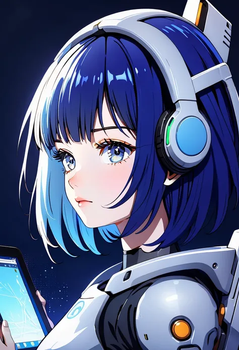 Indigo Hair、Shortcuts、Beautiful girl robot drawing on tablet、cel shading,
Anime Style