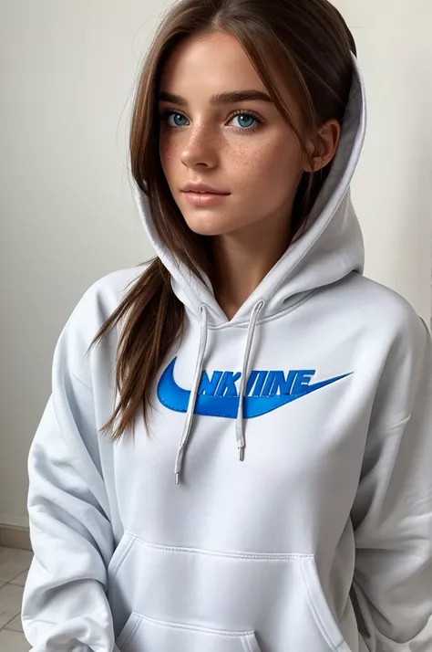 Belle fille au yeux clair, with brown hair and some freckles, dressed with a white Nike hoodie, ultra realistic image