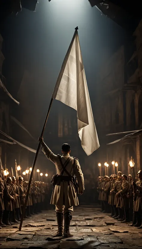 a dramatic still from a war movie showing the white flag raised in a climactic scene, holding a white flag, background war, hype...