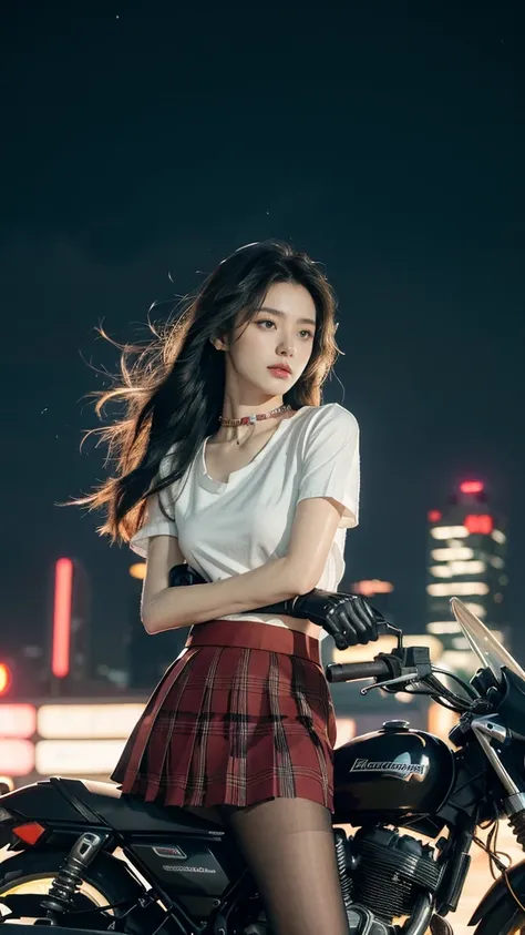 (((best quality))),(((very detailed))),(((masterpiece))),illustration,(1 beautiful girl,alone),((slim,thin)),((,flat chest)),(crash helmet:1.3),shoulder length straight bob hair,slim 다리,cyberpunk, city streets,high school student, JK outfit,(riding a motor...