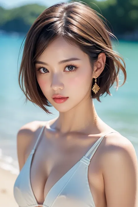 ((Highest quality)),((8K)),(Genuine)、(detailed)、(Beach)、(Bust up shot)、(Big Breasts)、Golden ratio of face to shoulder width、繊細でdetailedな鮮やかな美しい色の衣裳:1.4、Micro Bikini、Halter Neck Bikini、Glossy short bob、Glowing Skin、Japanese、beauty、Looking into the camera、Du...