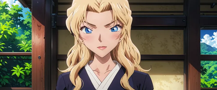 blonde hair woman，anime style