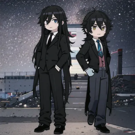 1 guy, full body, long hair, shoulder-length hair, black jacket, tie, trousers, gloves, important pose