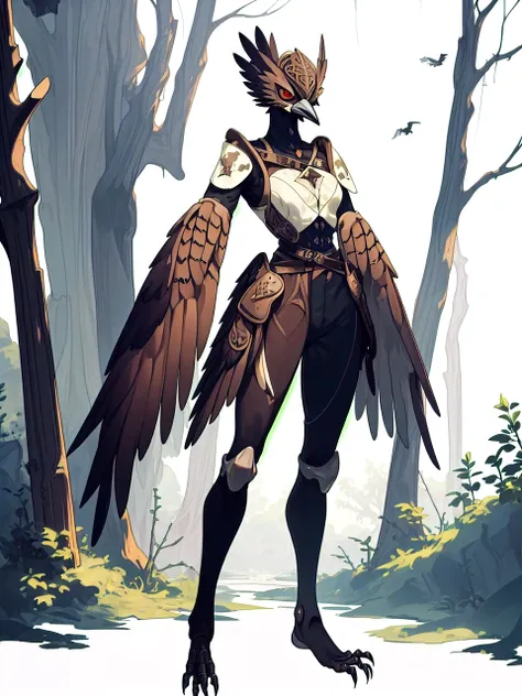 prospect(anthropomorphic crow，wearing ancient adventurer gear，the arms and hands are integrated with the bird&#39;s wings, and t...