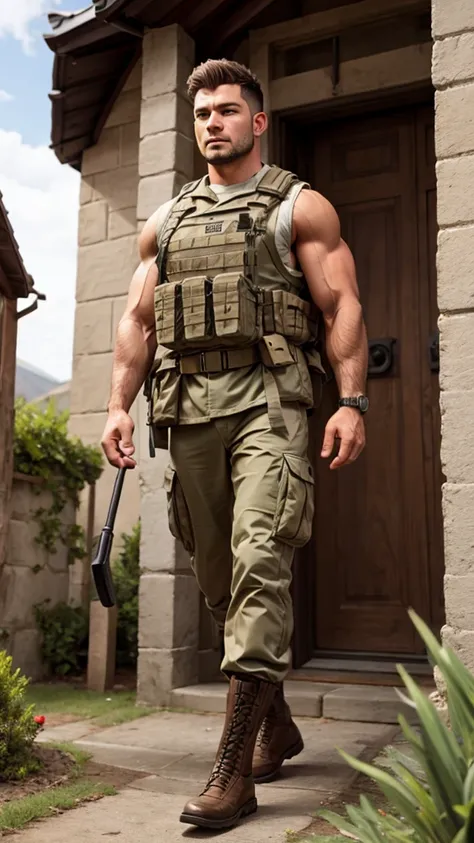 extremely detailed, strong and muscular soldier, walking in front of a house