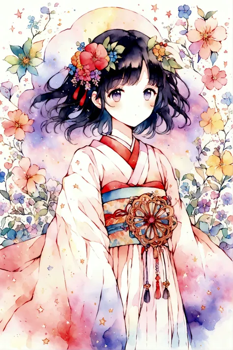 watercolor illustration drawn with a warm and delicate touch,Ethereal anime character, black hair, in a cosmic wonderland, vibrant colors, celestial glow, magical atmosphere, starry background, dreamlike quality, detailed illustration style ,She wears a tr...